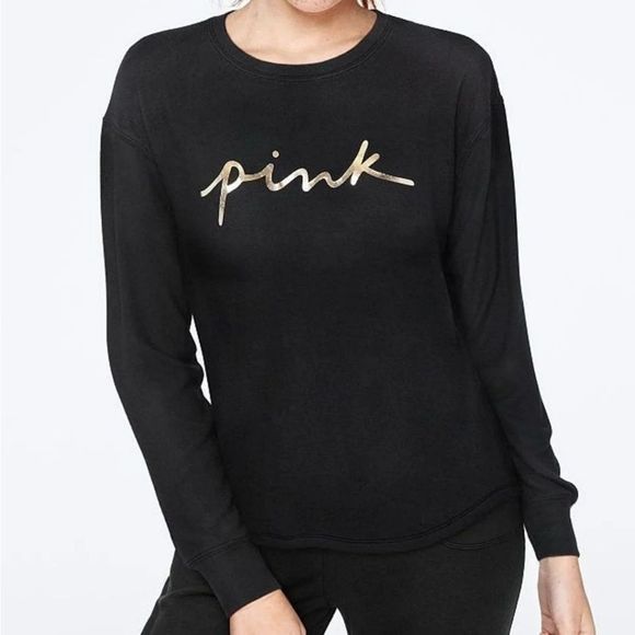 PINK VS Large Black & Gold Long Sleeve Sleep Tee Shirt Victoria Secret - Picture 1 of 3